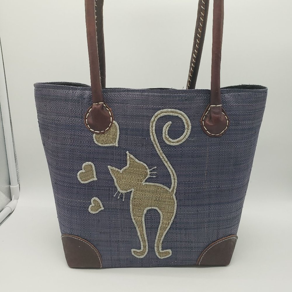Denim Canvas/Straw Cat Hearts Drawstring Purse or Hand Bag